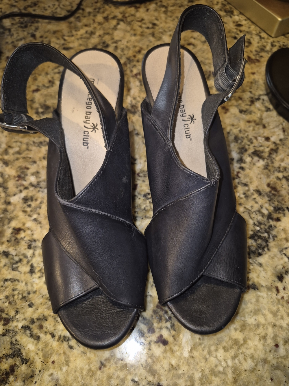 Montego Bay Club Black Leather Peep-Toe Slingback Platforms